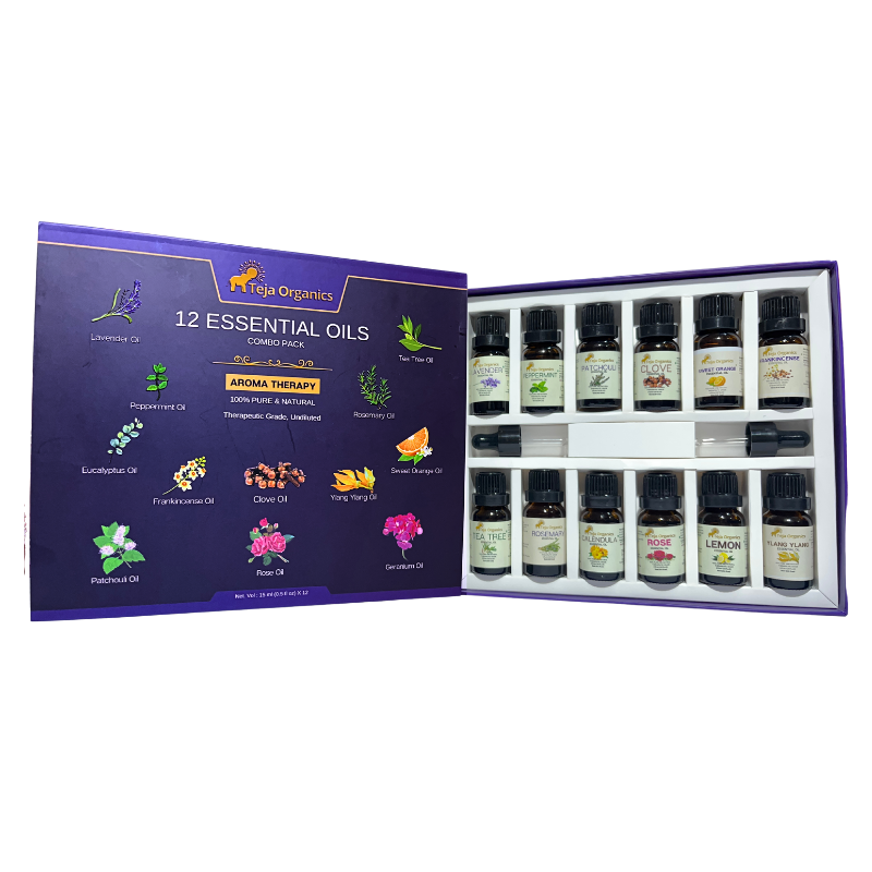 12 Essential Oils (Eucalyptus, Lavender, Peppermint, Rosemary, Teatree, Sweet Orange, Frankinsence, Clove, Rose, Ylang Ylang, Geranium, Patchouli) Combo Pack